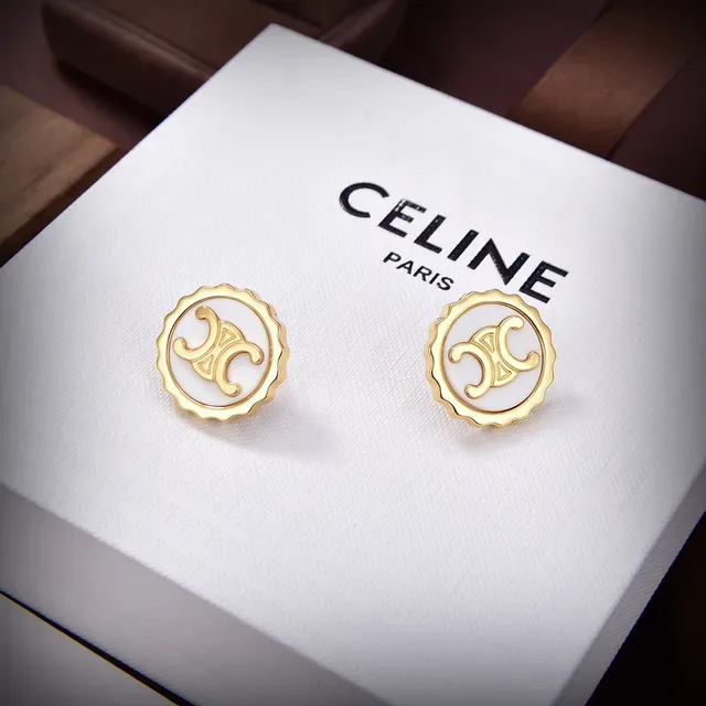 Celine Triomphe أقراط تاخوز أبيض مينا وذهبي مقصوصة 3