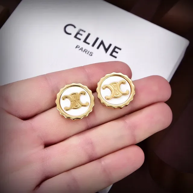 Celine Triomphe أقراط تاخوز أبيض مينا وذهبي مقصوصة 6