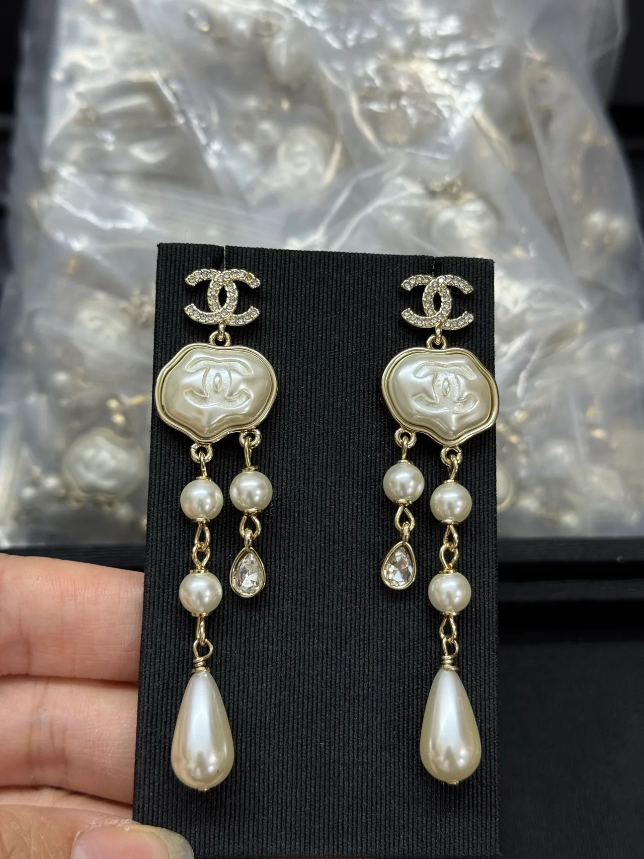 Chanel Beige Gold Interlocking CC Logo Resin Plaque Earrings 6