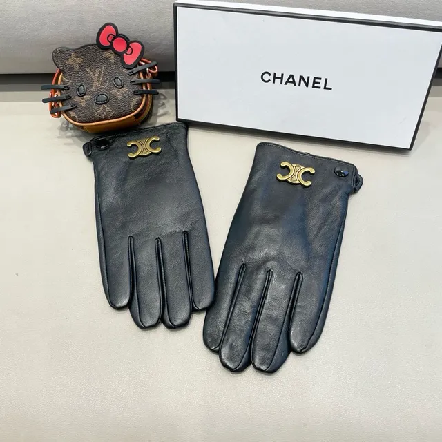 Chanel Guantes de cuero negro y dorado lisos con hardware CC entrelazado 2