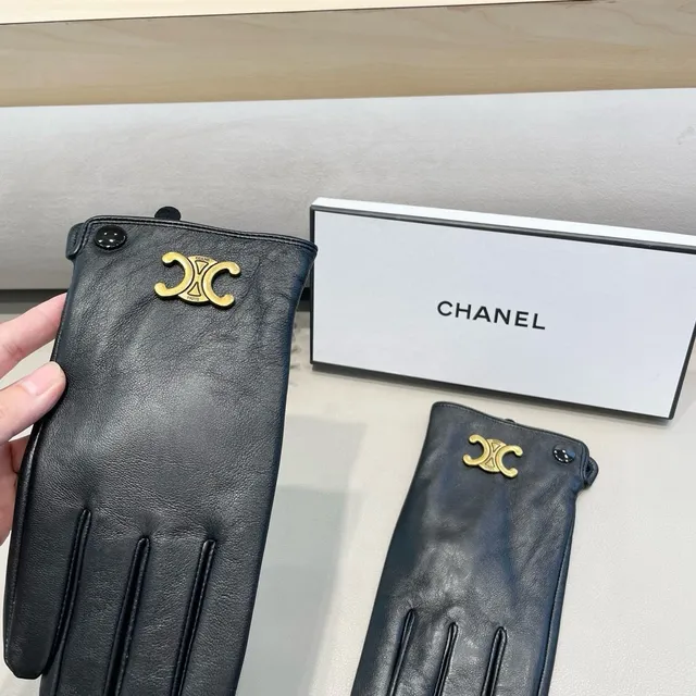 Chanel Guantes de cuero negro y dorado lisos con hardware CC entrelazado 3
