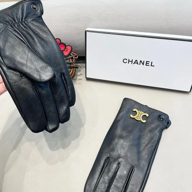 Chanel Guantes de cuero negro y dorado lisos con hardware CC entrelazado 6
