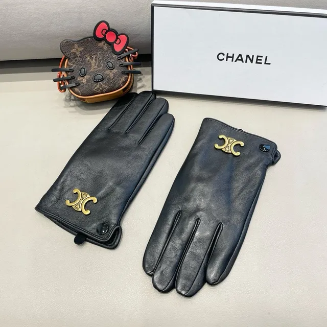 Chanel Guantes de cuero negro y dorado lisos con hardware CC entrelazado 8