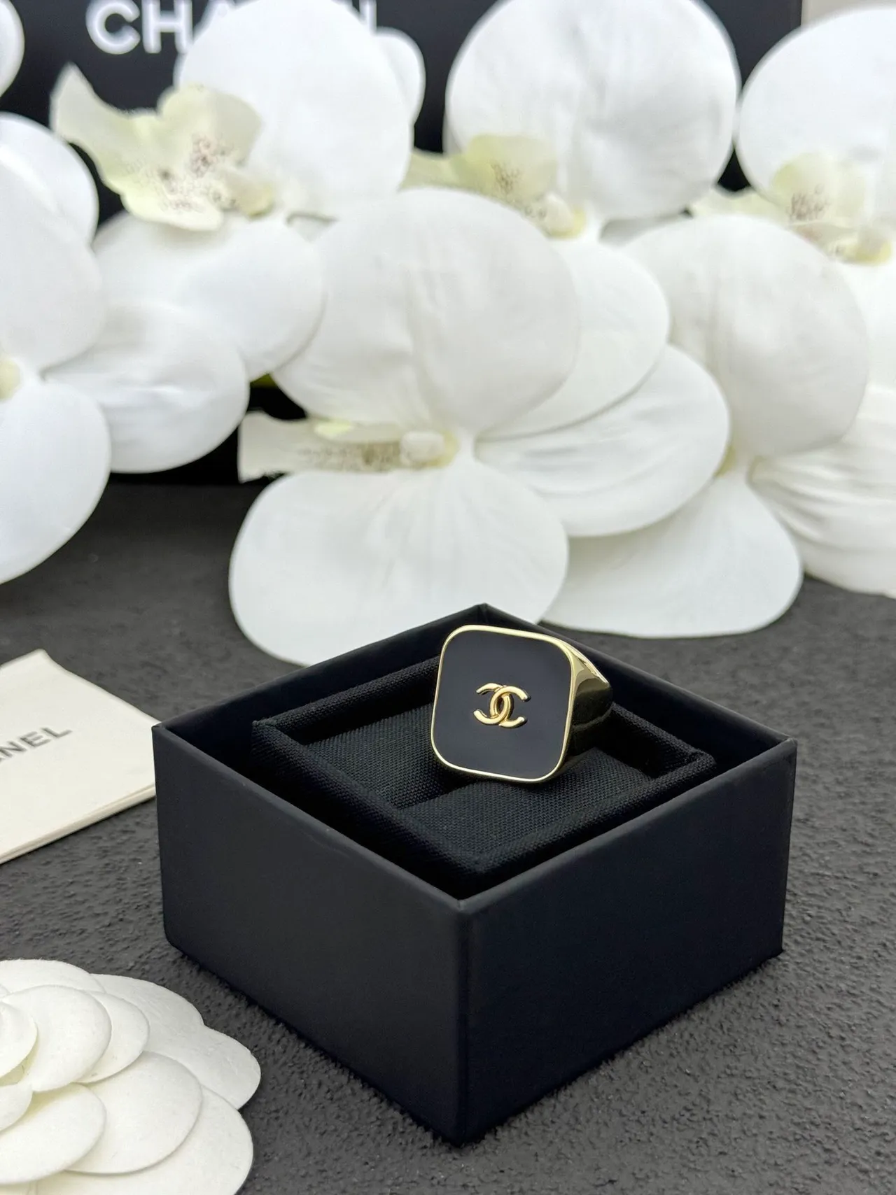 Chanel Black Gold Square Signet Enamel Ring 5