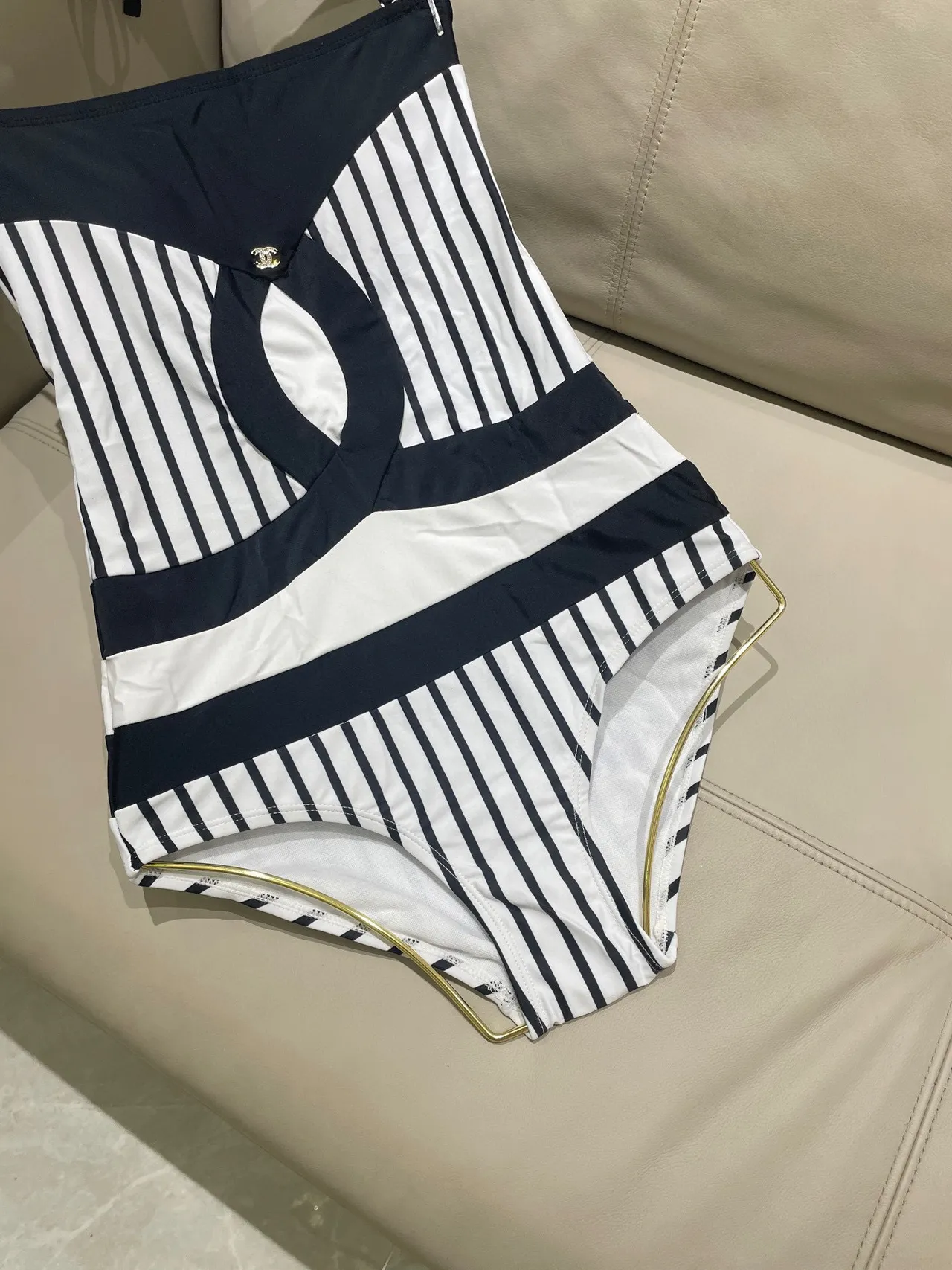 Chanel Black White Halter-Neck Striped Swimwear 7
