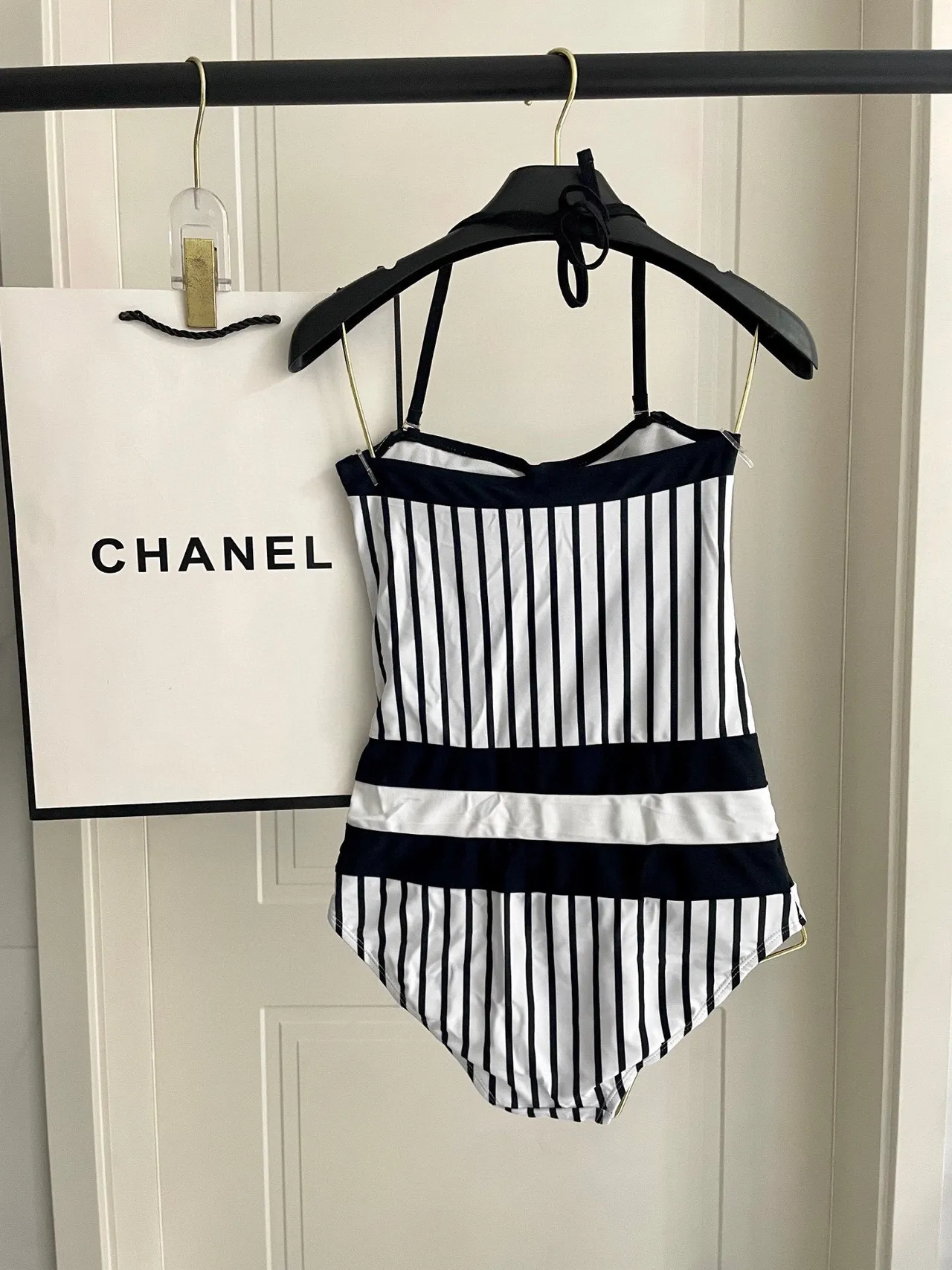 Chanel Black White Halter-Neck Striped Swimwear 9