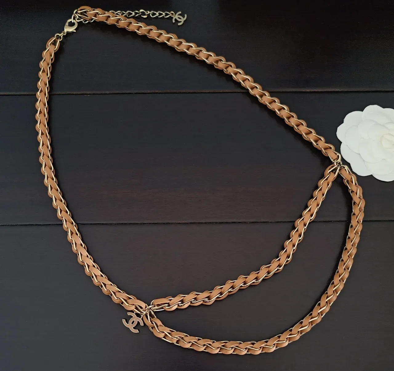 Chanel Ceinture Marron Or Tressée Entrelacée Chaîne Métal Cuir 2