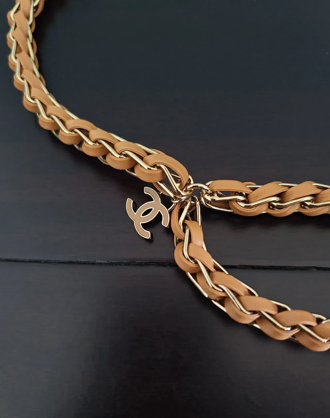 Chanel Ceinture Marron Or Tressée Entrelacée Chaîne Métal Cuir 3