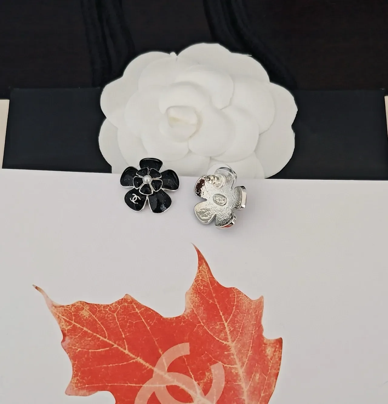 Chanel Camellia Black White Floral Motif Enamel Earrings 2