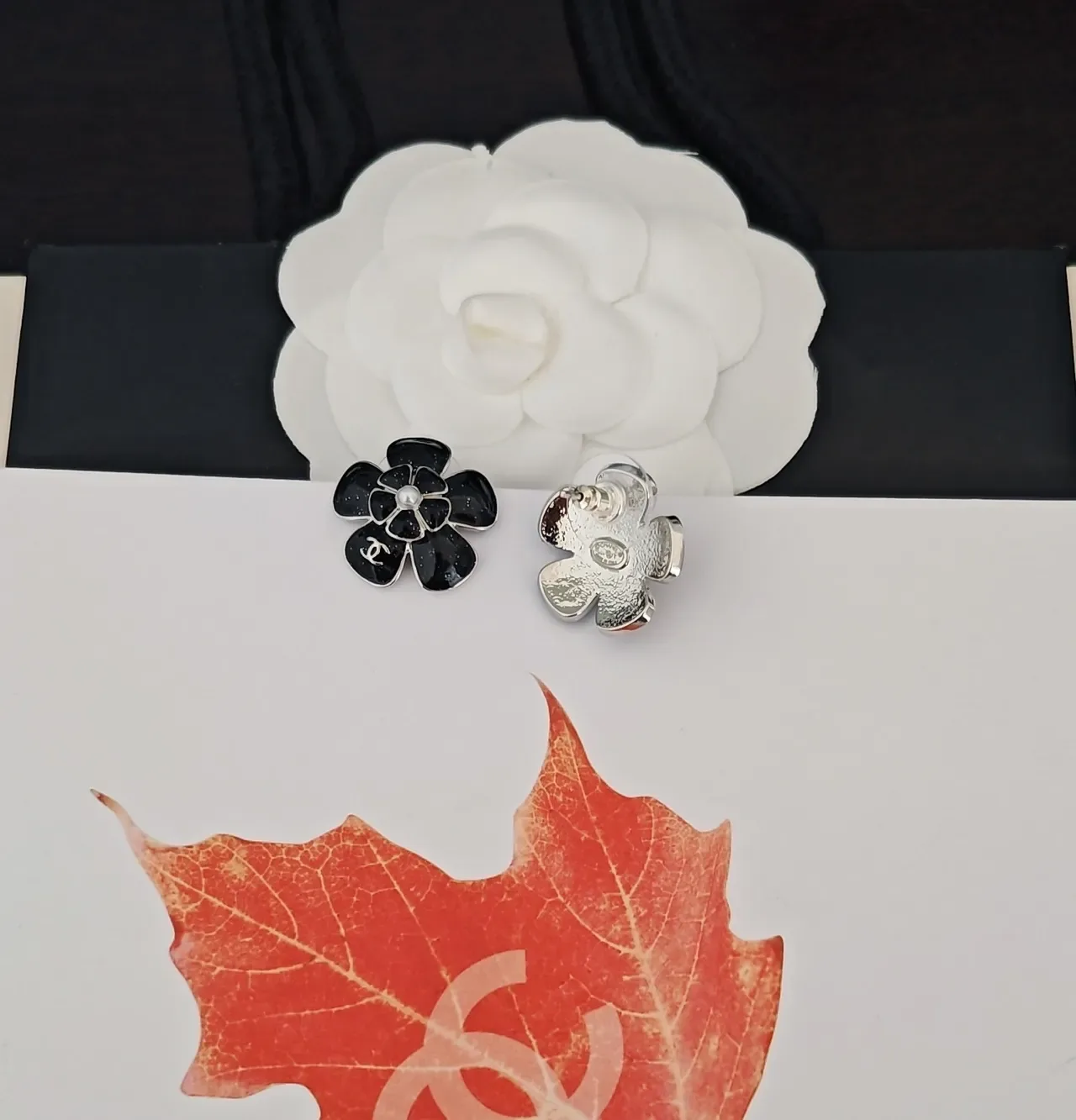 Chanel Camellia Black White Floral Motif Enamel Earrings 3