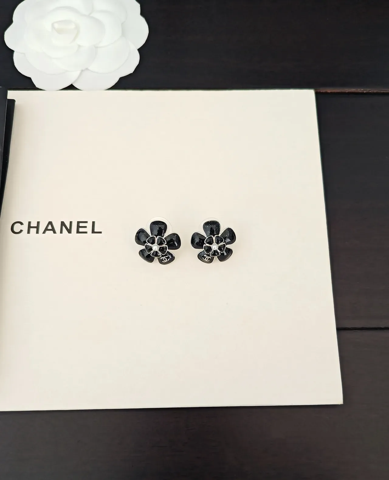 Chanel Camellia Black White Floral Motif Enamel Earrings 5