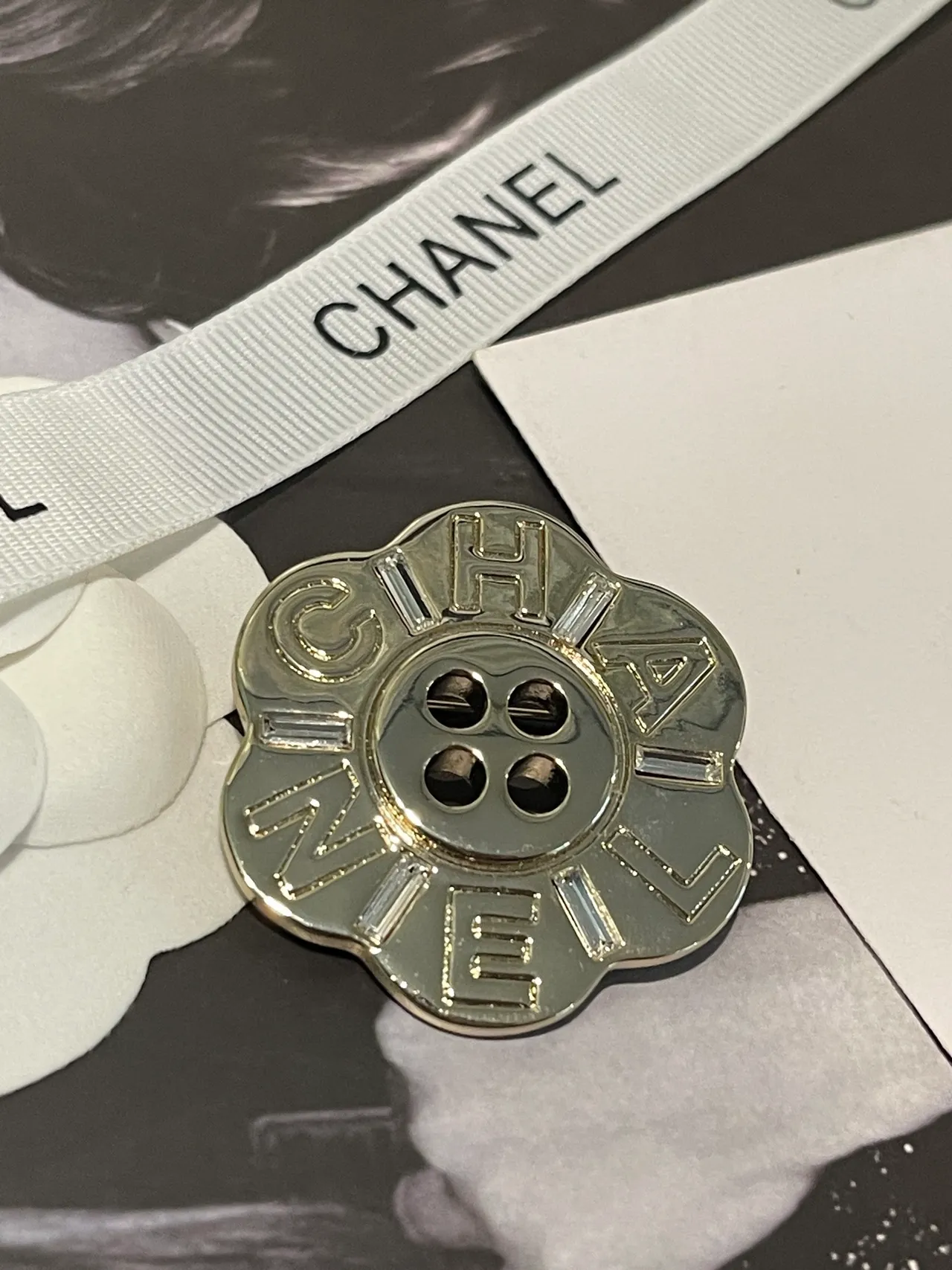 Chanel Camellia Button Brooch Silver and White Brooch 2