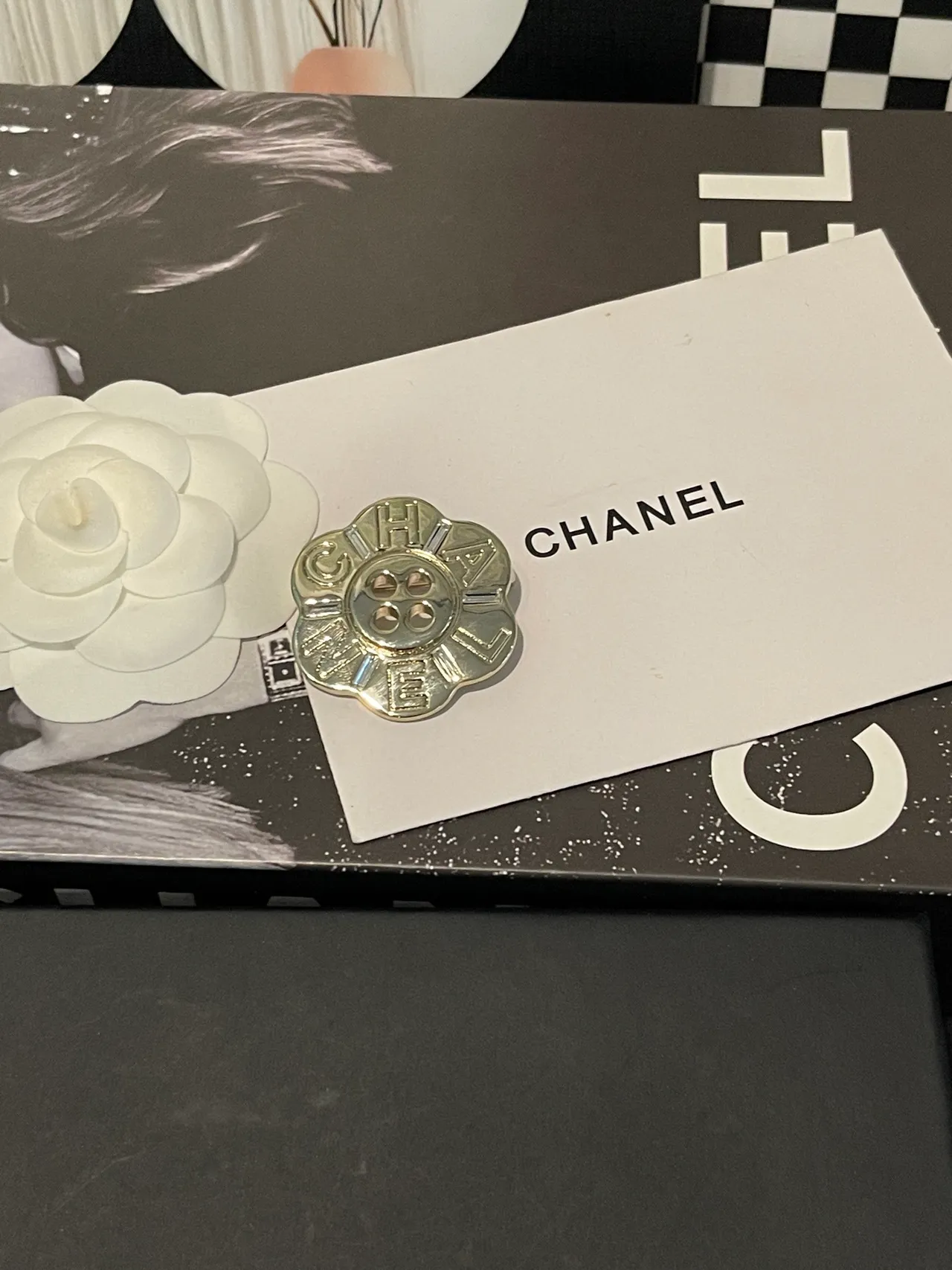 Chanel Camellia Button Brooch Silver and White Brooch 3
