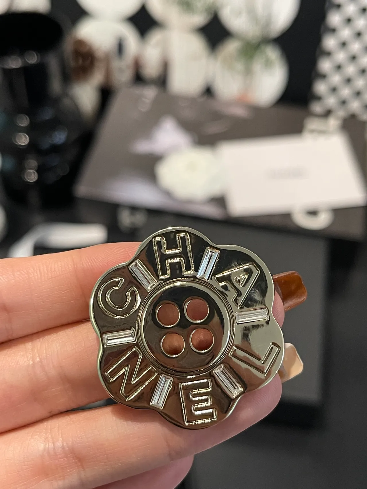 Chanel Camellia Button Brooch Silver and White Brooch 5
