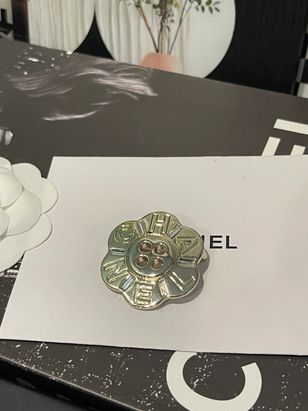 Chanel Camellia Button Brooch Silver and White Brooch 6