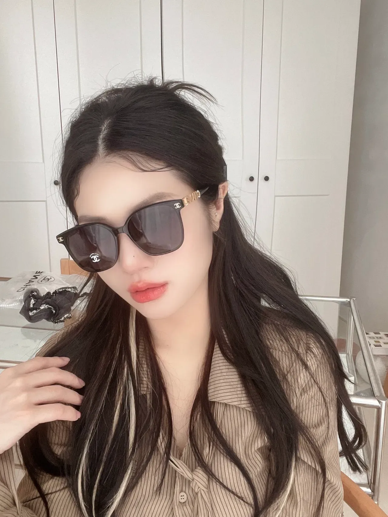 Chanel كات آي أبيض ذهبي سيليويت إطار أسيتات نظارات شمسية 2