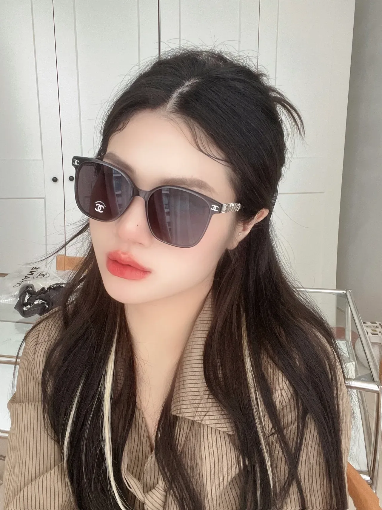 Chanel كات آي أبيض ذهبي سيليويت إطار أسيتات نظارات شمسية 4