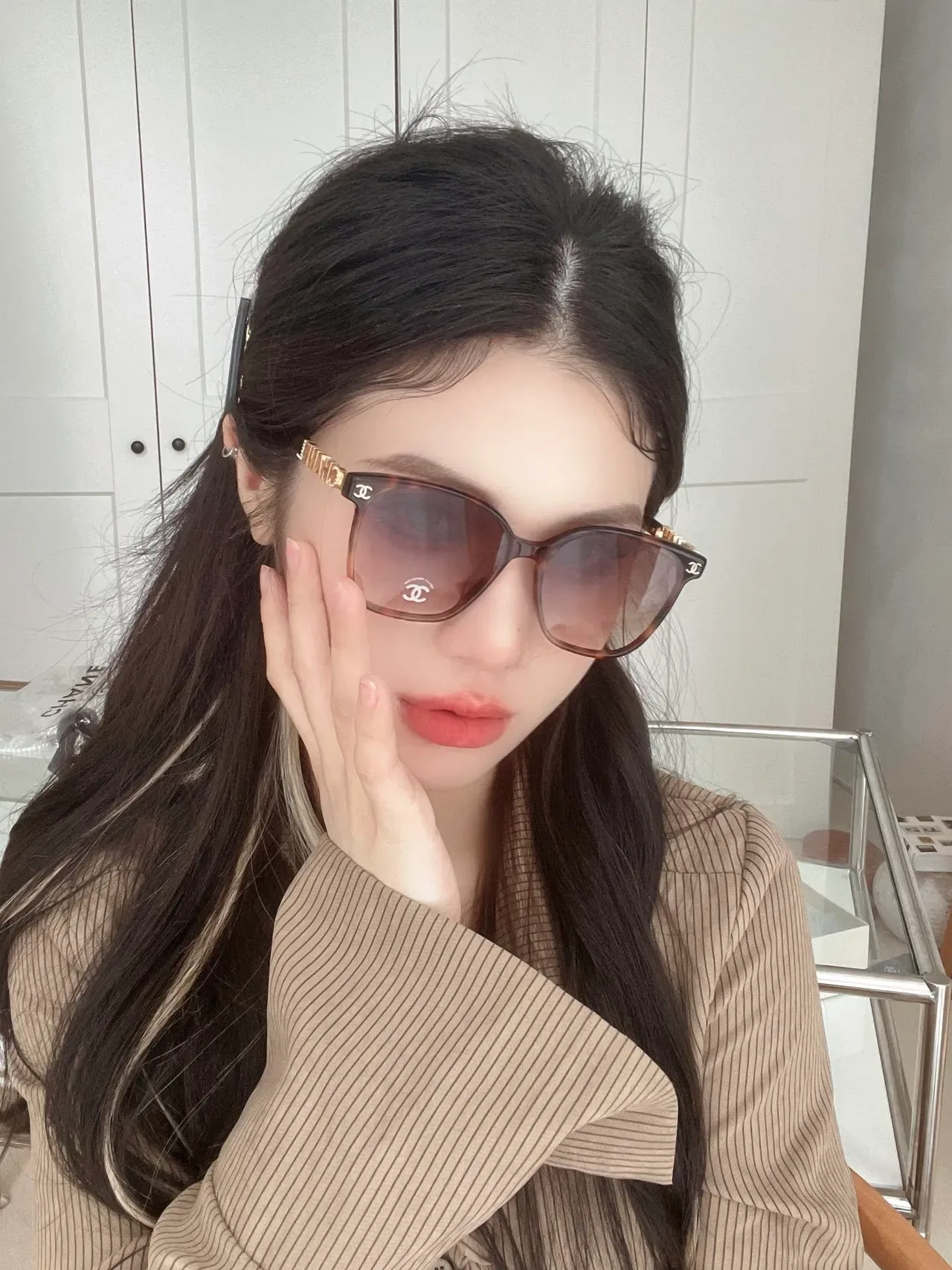 Chanel كات آي أبيض ذهبي سيليويت إطار أسيتات نظارات شمسية 5