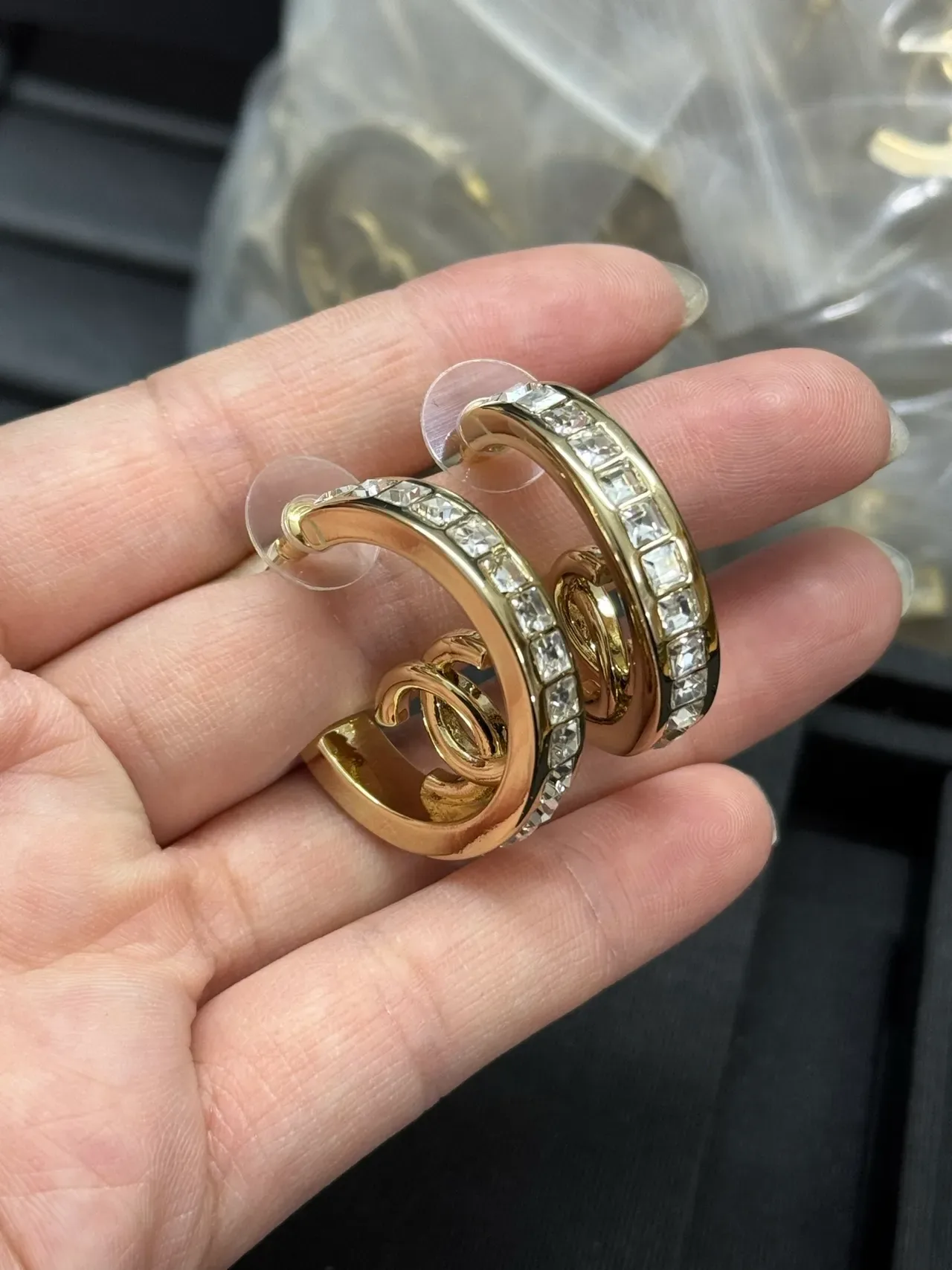 Chanel CC Hoop Crystal-Embellished Gold-Tone Earrings 3