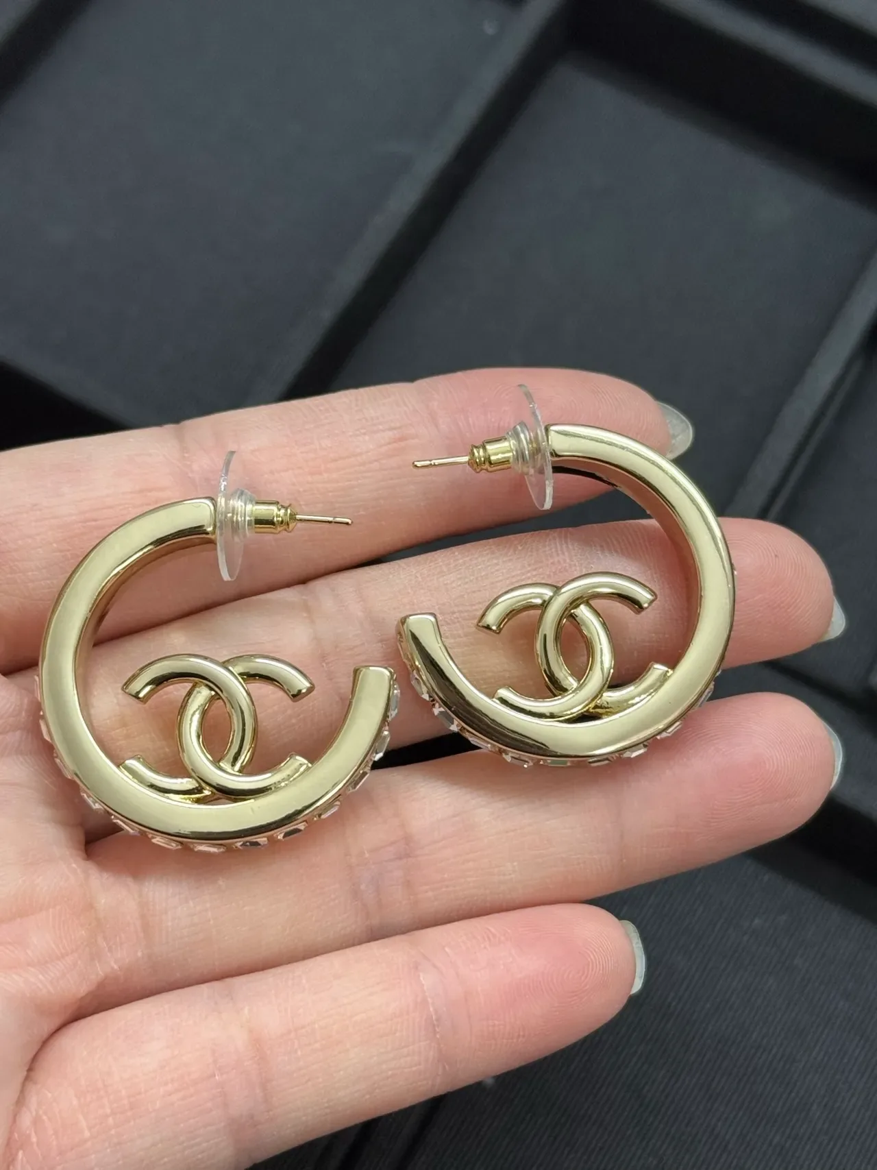 Chanel CC Hoop Crystal-Embellished Gold-Tone Earrings 4