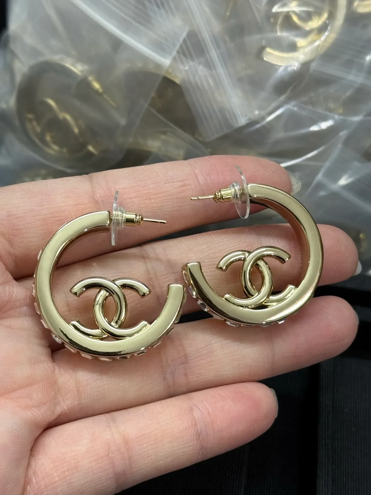 Chanel CC Hoop Crystal-Embellished Gold-Tone Earrings 5