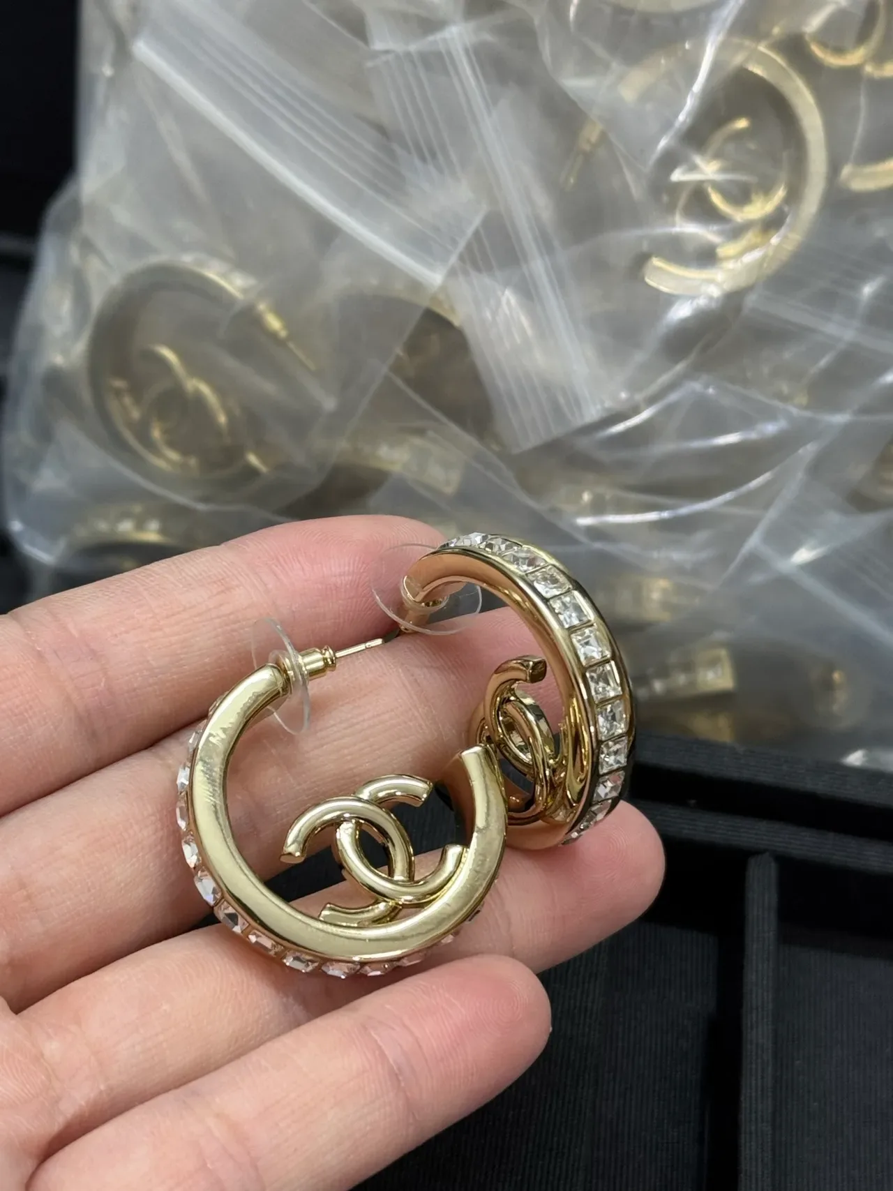 Chanel CC Hoop Crystal-Embellished Gold-Tone Earrings 6