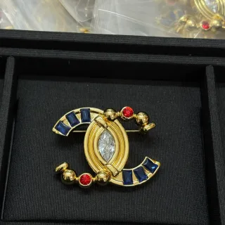 Chanel CC Logo सोना नीला धातु Interlocking ब्रोच