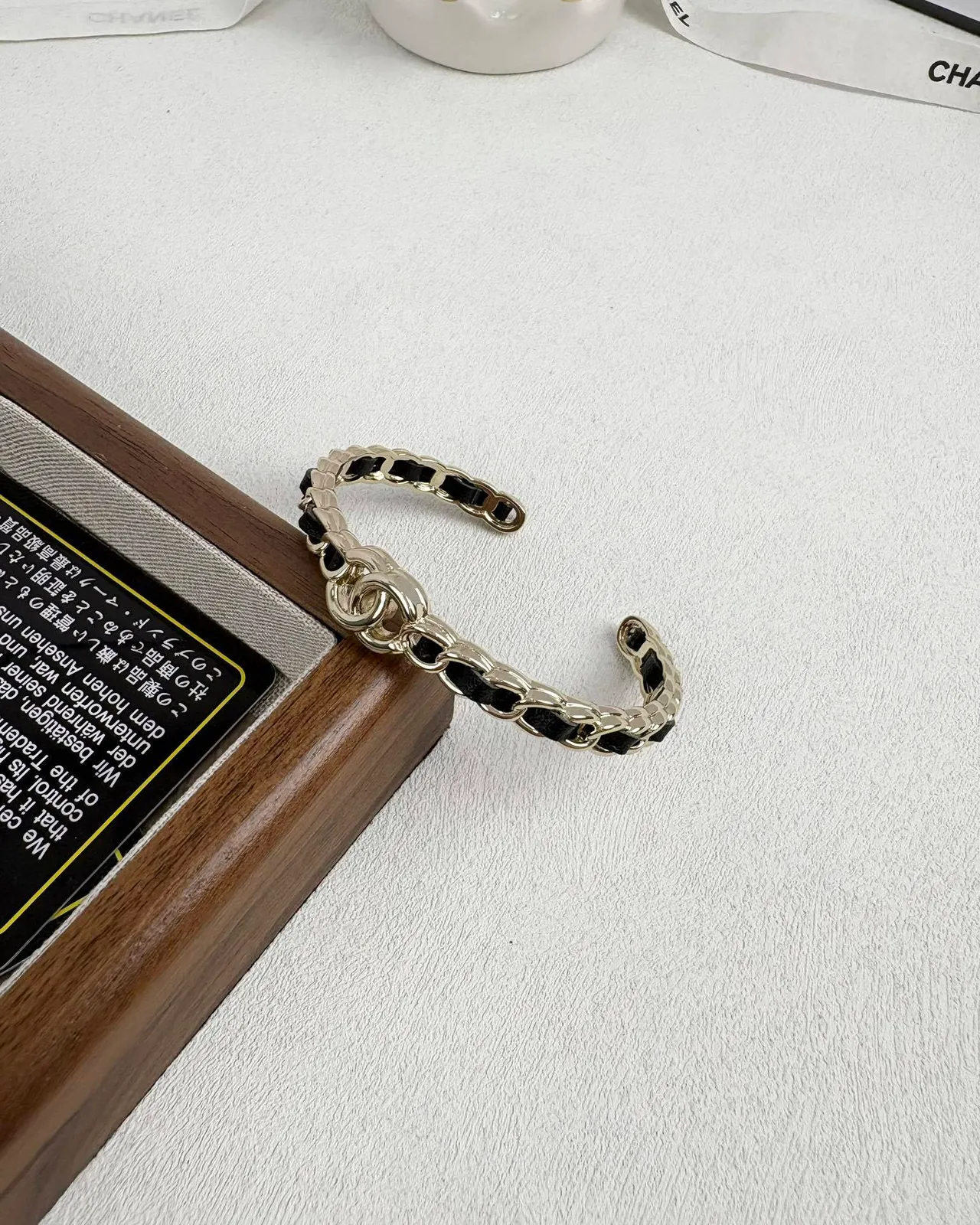 Chanel CC Logo Chain Gold Black Leather Insert Bracelet 5
