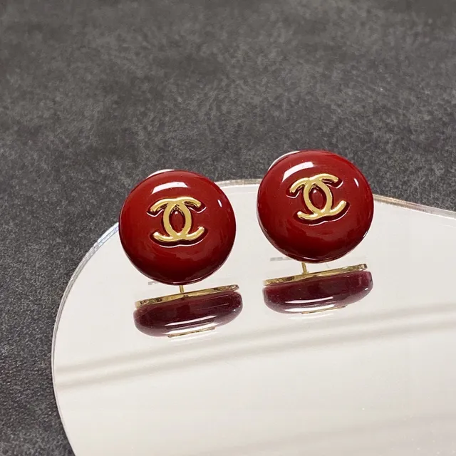 Chanel CC Logo Stud Red Gold Glossy Enamel Interlocking Earrings 2