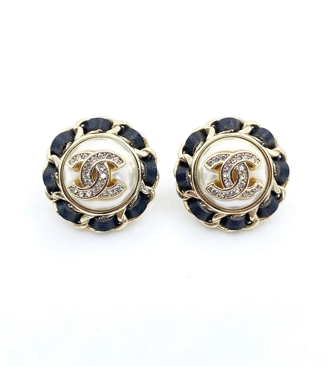 Chanel CC Navy White Circular Stud Chain-Trimmed Earrings 2