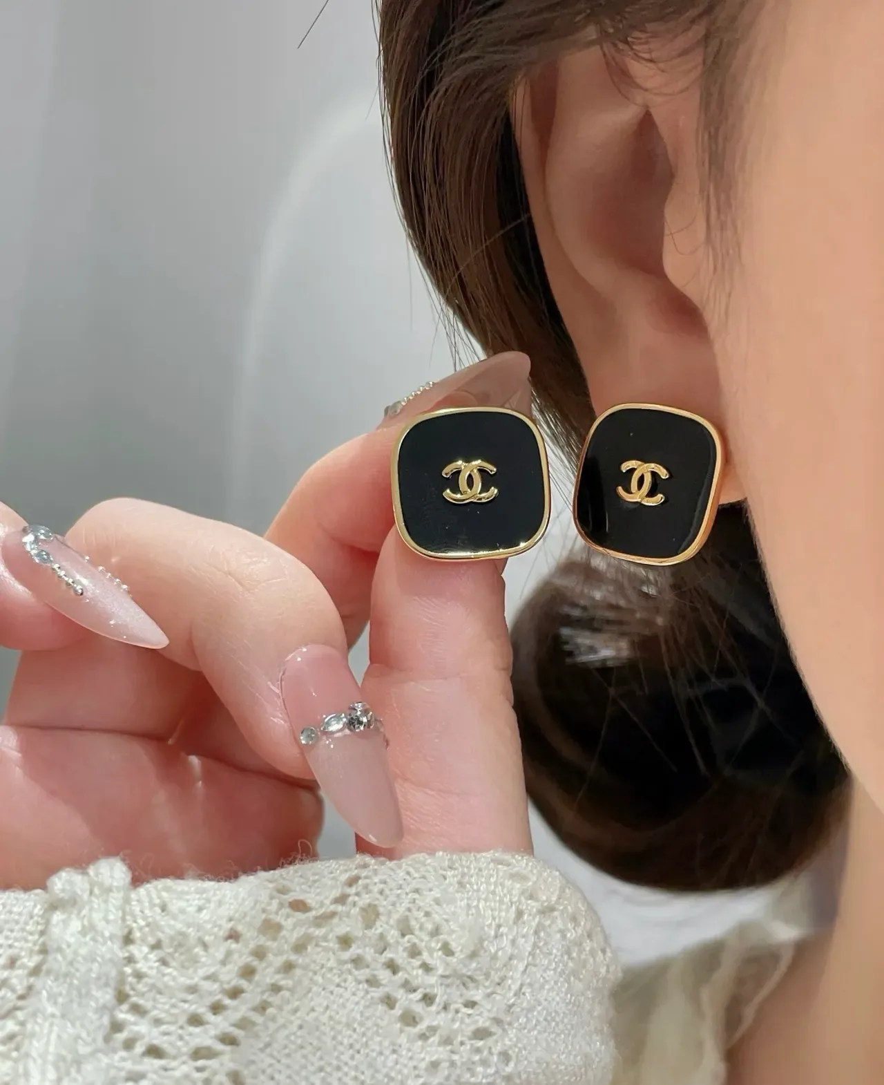 Chanel CC Square Black Enamel Gold-Tone Stud Earrings 2