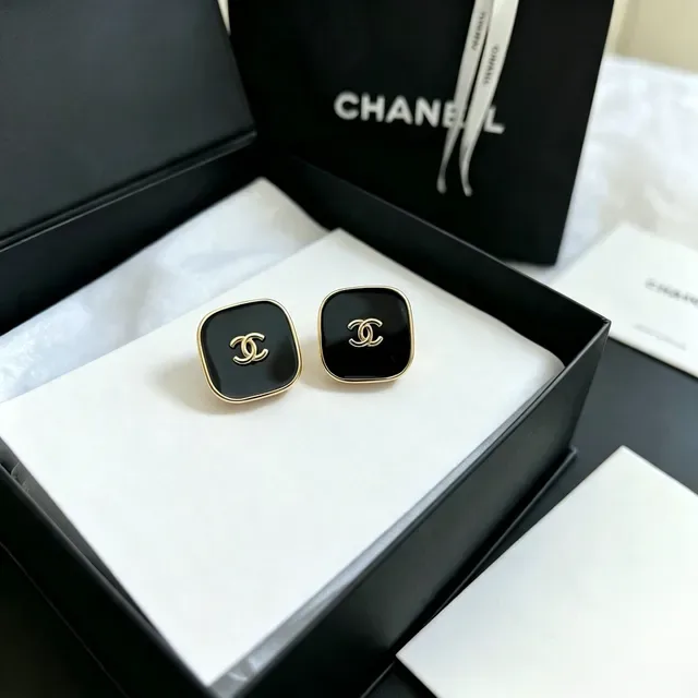Chanel CC Square Black Enamel Gold-Tone Stud Earrings 9