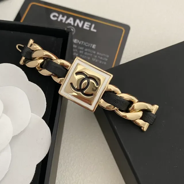 Chanel Chain Link Bracelet Gold Black Curb Leather Strap Bracelet 4