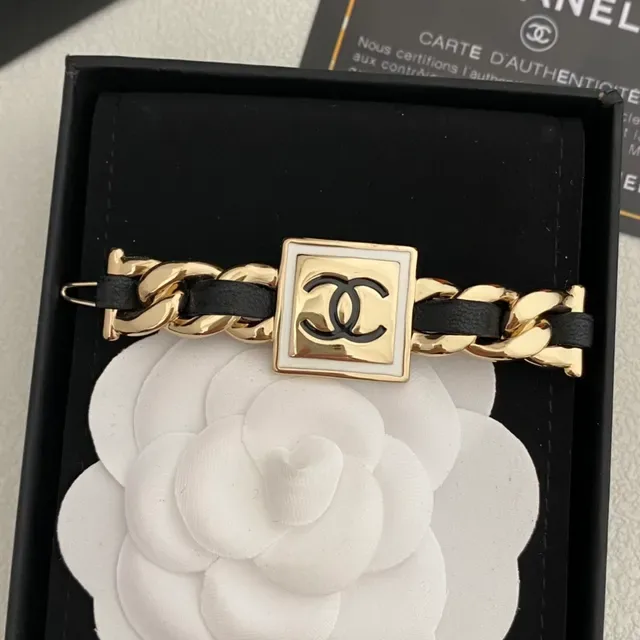 Chanel Chain Link Bracelet Gold Black Curb Leather Strap Bracelet 5