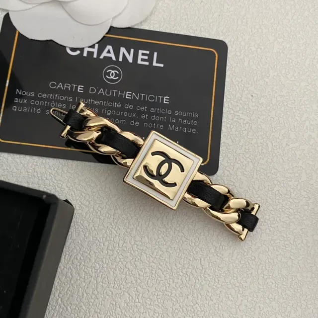 Chanel Chain Link Bracelet Gold Black Curb Leather Strap Bracelet 6