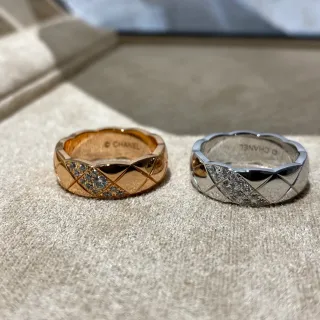 Chanel Coco Crush Ouro Prata Quiltada Corte Diamante Faixa Pavé-Set Detalhe Cristal Anel