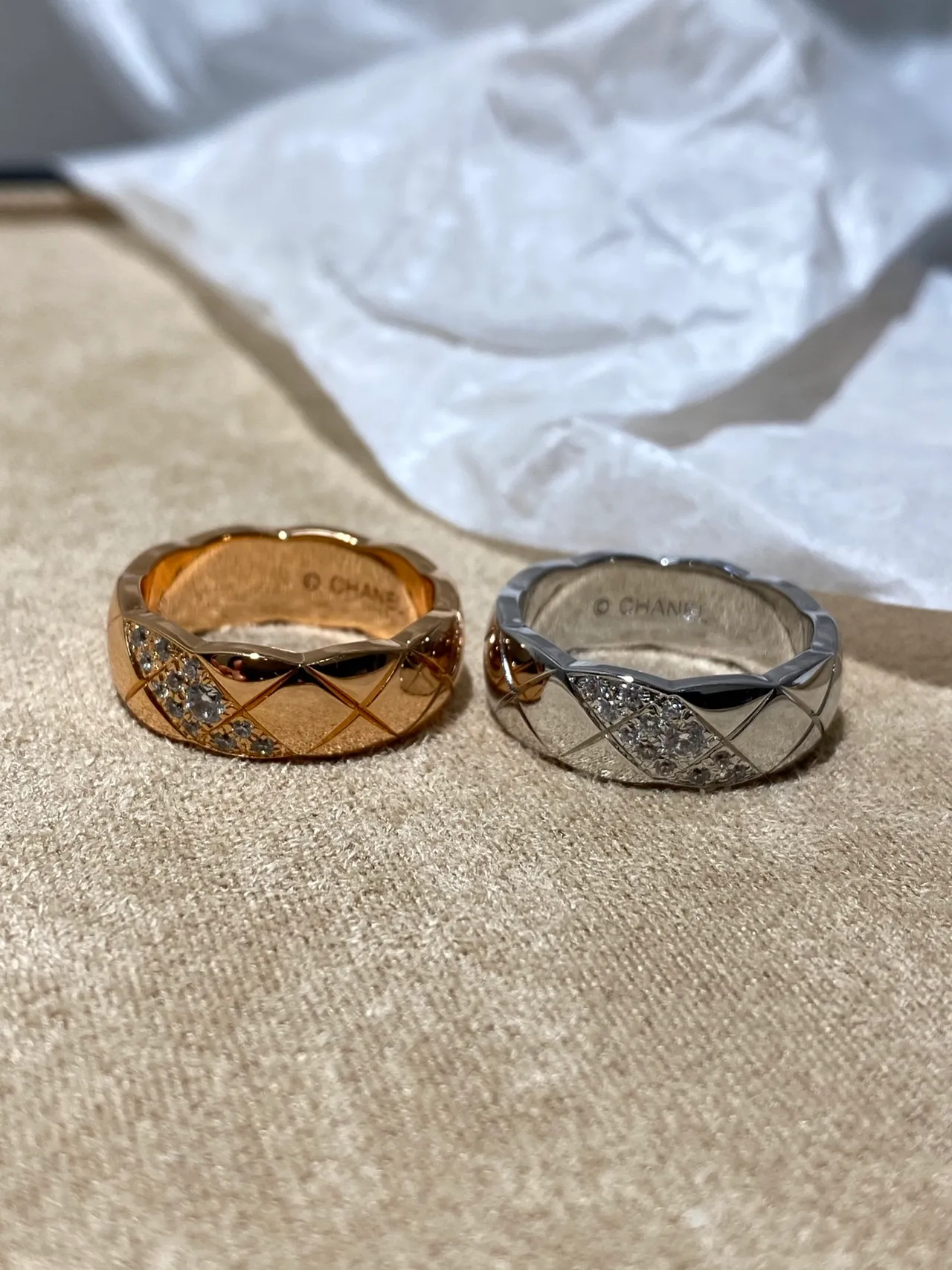 Chanel Coco Crush Banda Oro Plata Acolchada Corte Diamante Pavé-Set Detalle Cristal Anillo 6