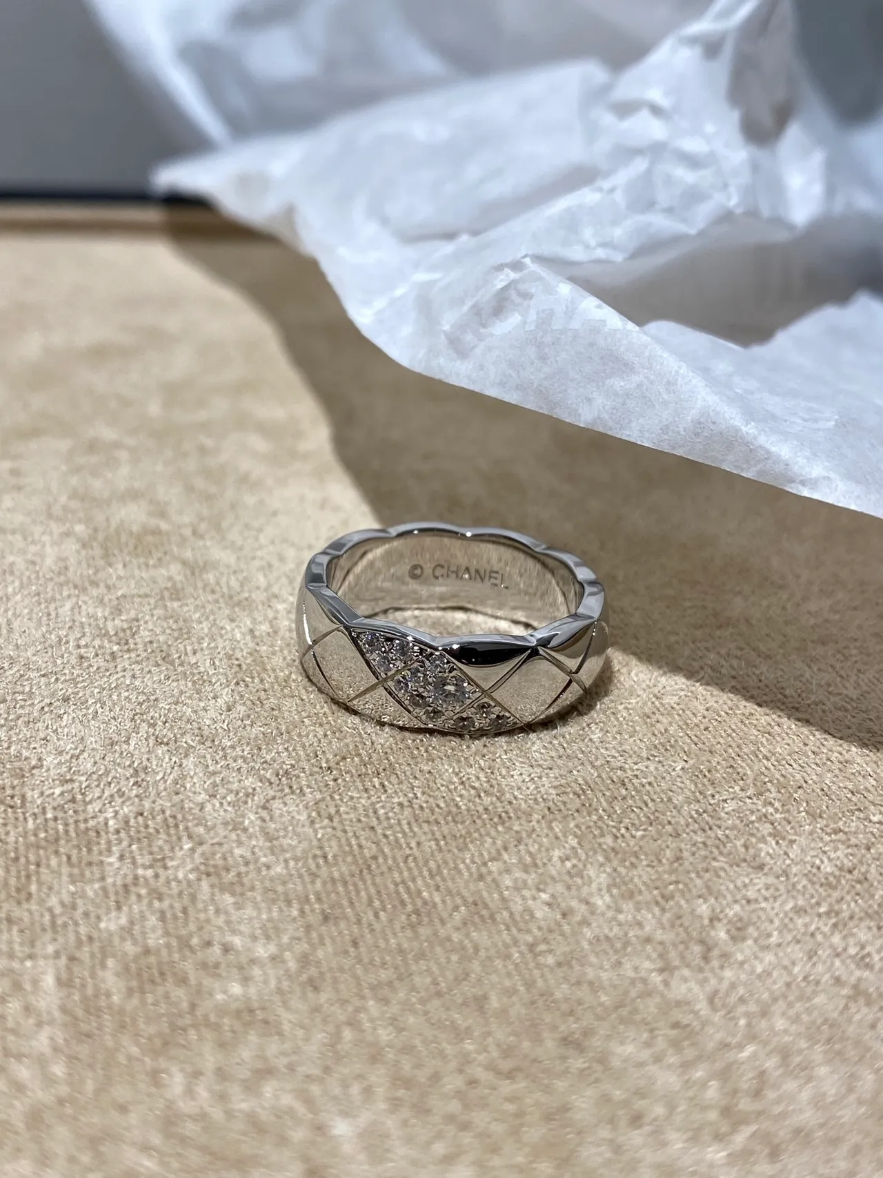 Chanel Coco Crush Banda Oro Plata Acolchada Corte Diamante Pavé-Set Detalle Cristal Anillo 7