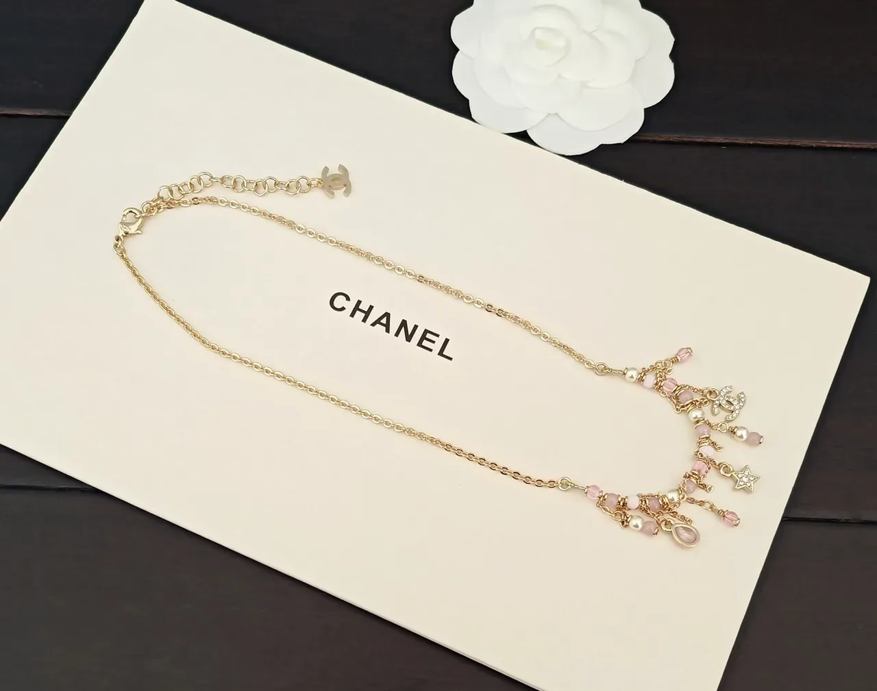 Chanel Gold Pink Chain Multi-Charm Pendant Necklace 4