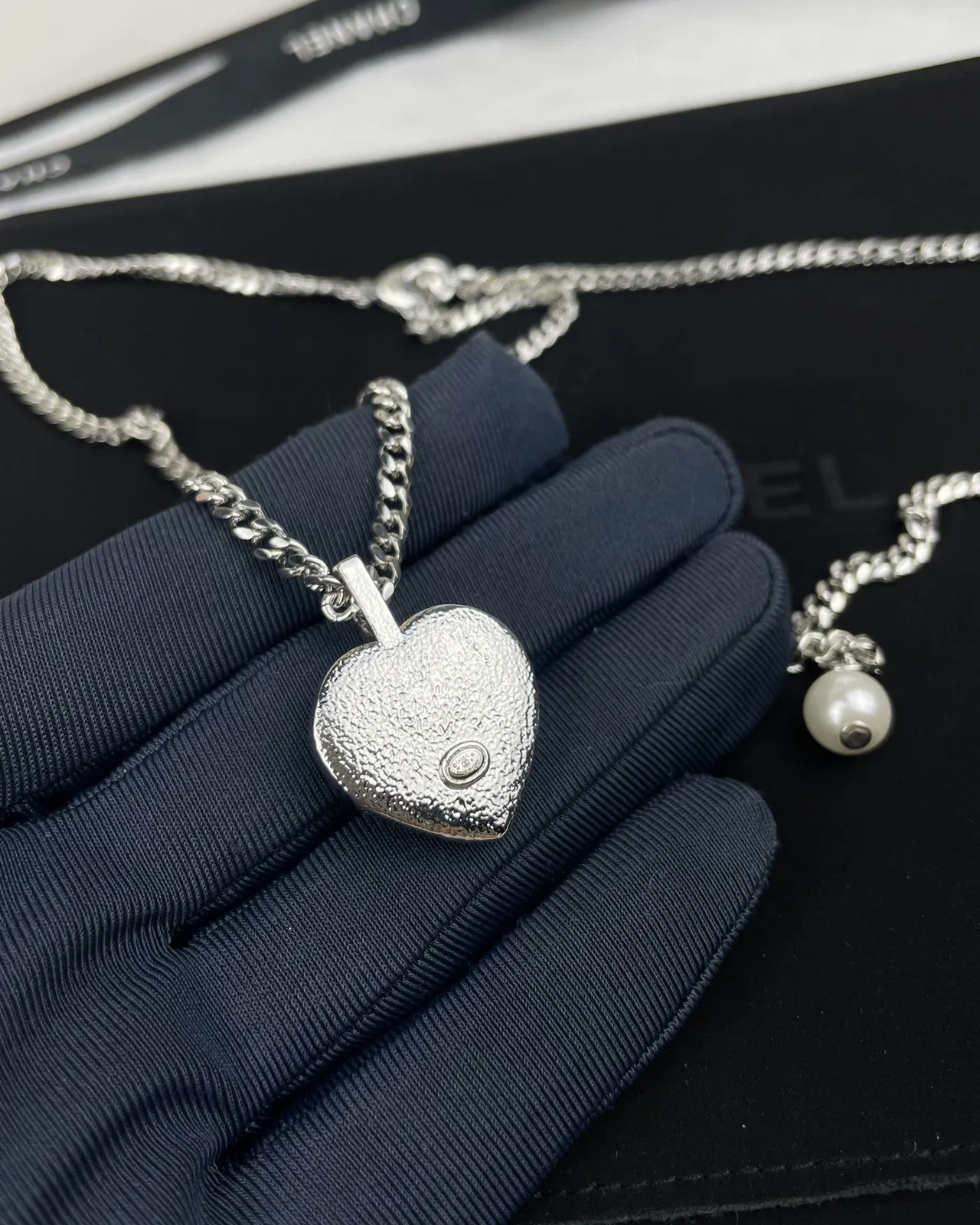 Chanel Heart Black Silver Pendant Pavé Crystal Border Necklace 2