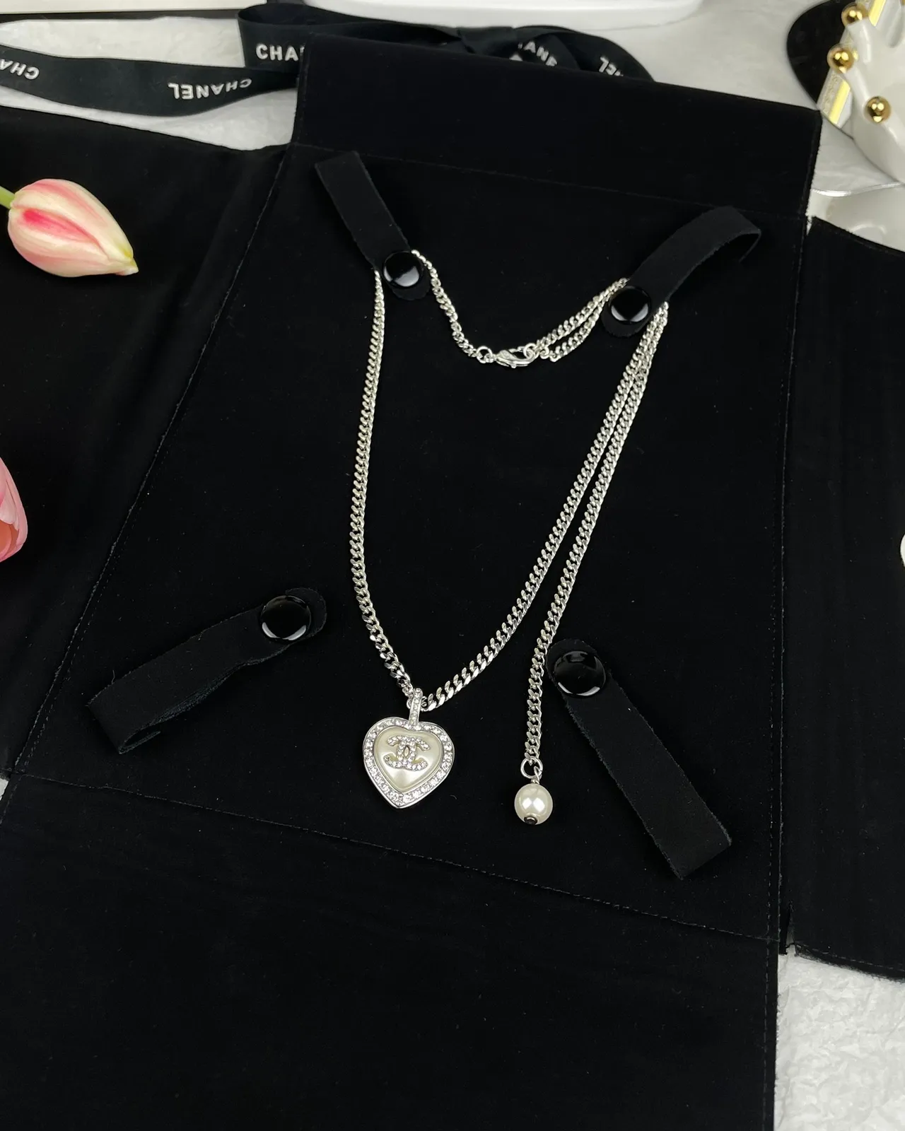 Chanel Heart Black Silver Pendant Pavé Crystal Border Necklace 4