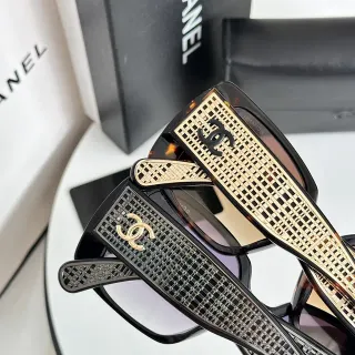 Chanel Lattice أسود ذهبي إطار مستطيل بناء نظارات شمسية