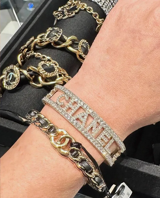 Chanel Logo Cuff Silver Transparent Open Crystal-Pavé Bracelet 11