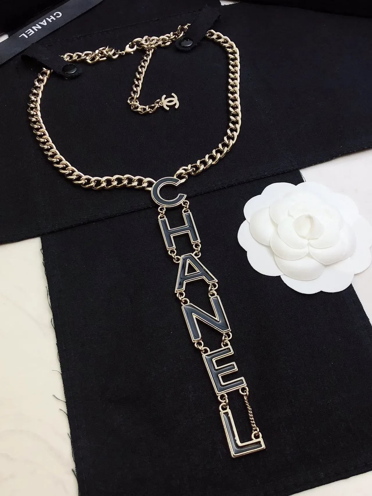 Chanel Logo Pendant Necklace Silver Black Chunky Curb Chain Vertical Necklace 2