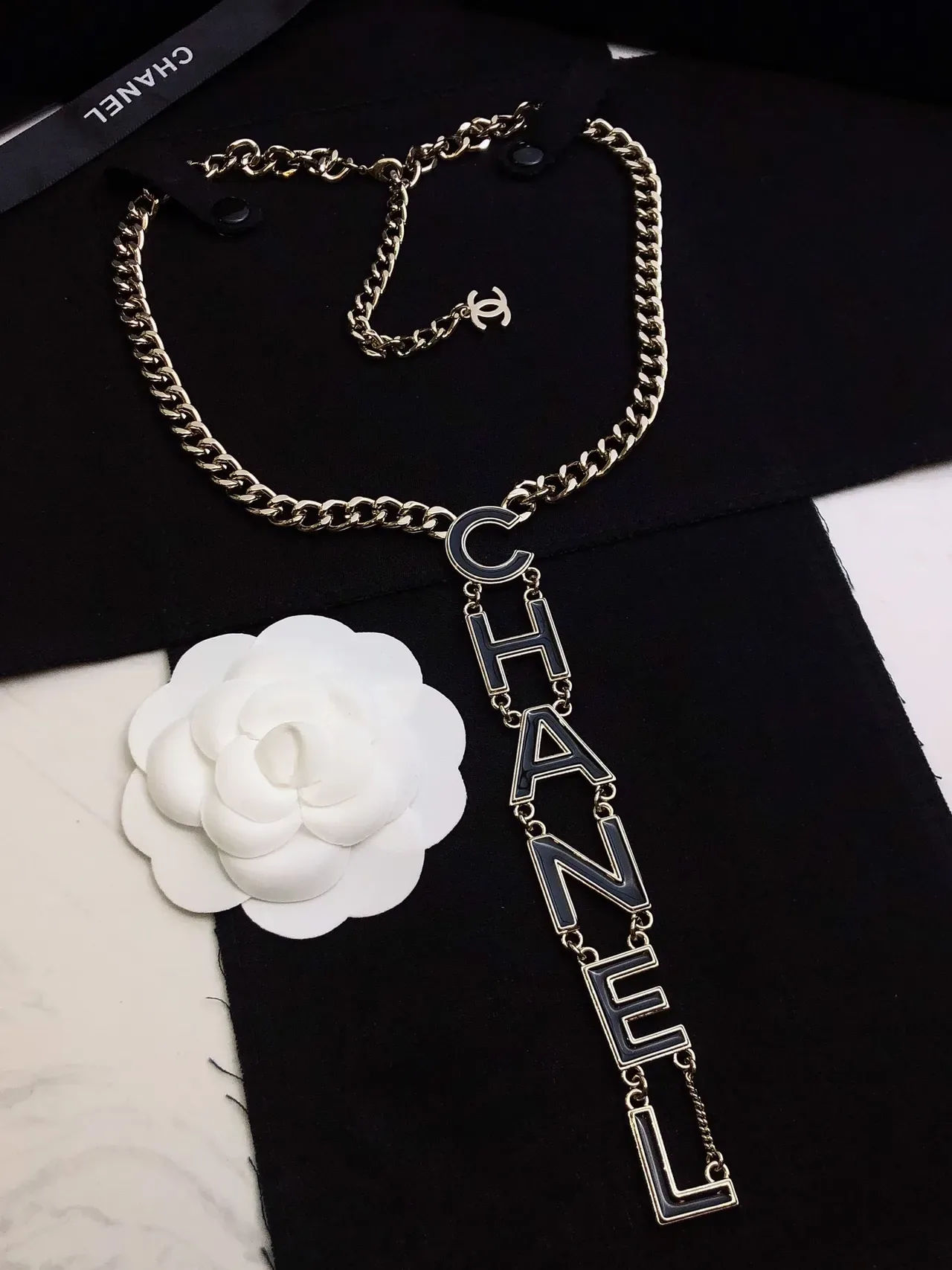 Chanel Logo Pendant Necklace Silver Black Chunky Curb Chain Vertical Necklace 4