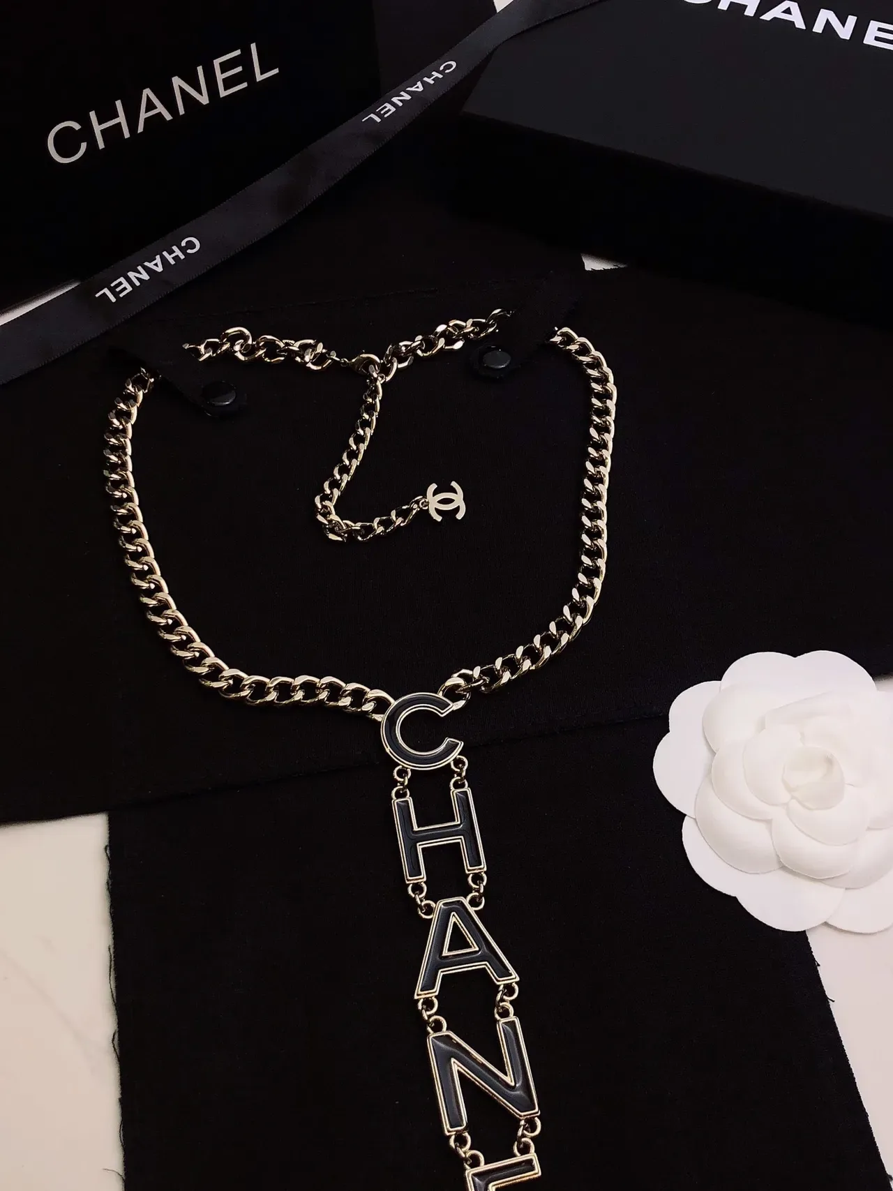 Chanel Logo Pendant Necklace Silver Black Chunky Curb Chain Vertical Necklace 5