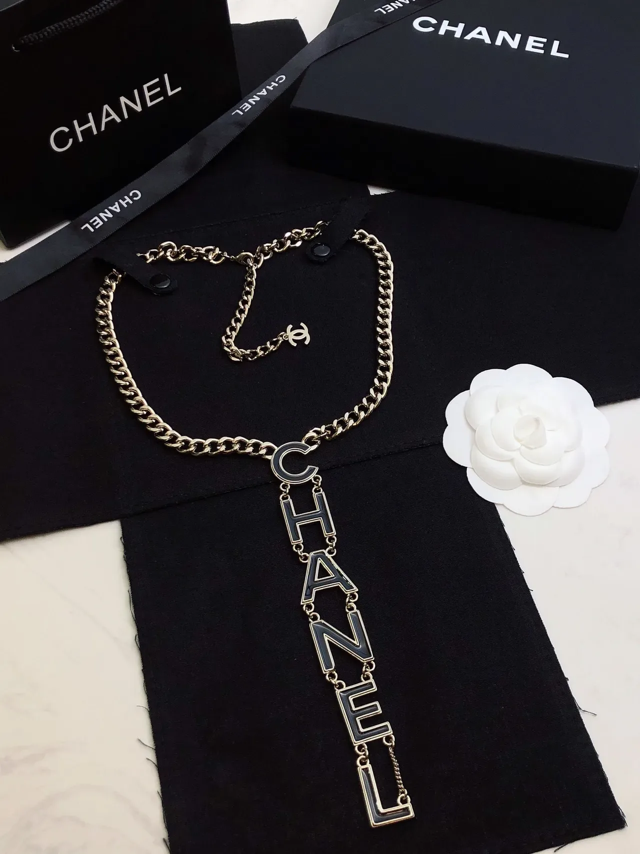 Chanel Logo Pendant Necklace Silver Black Chunky Curb Chain Vertical Necklace 6
