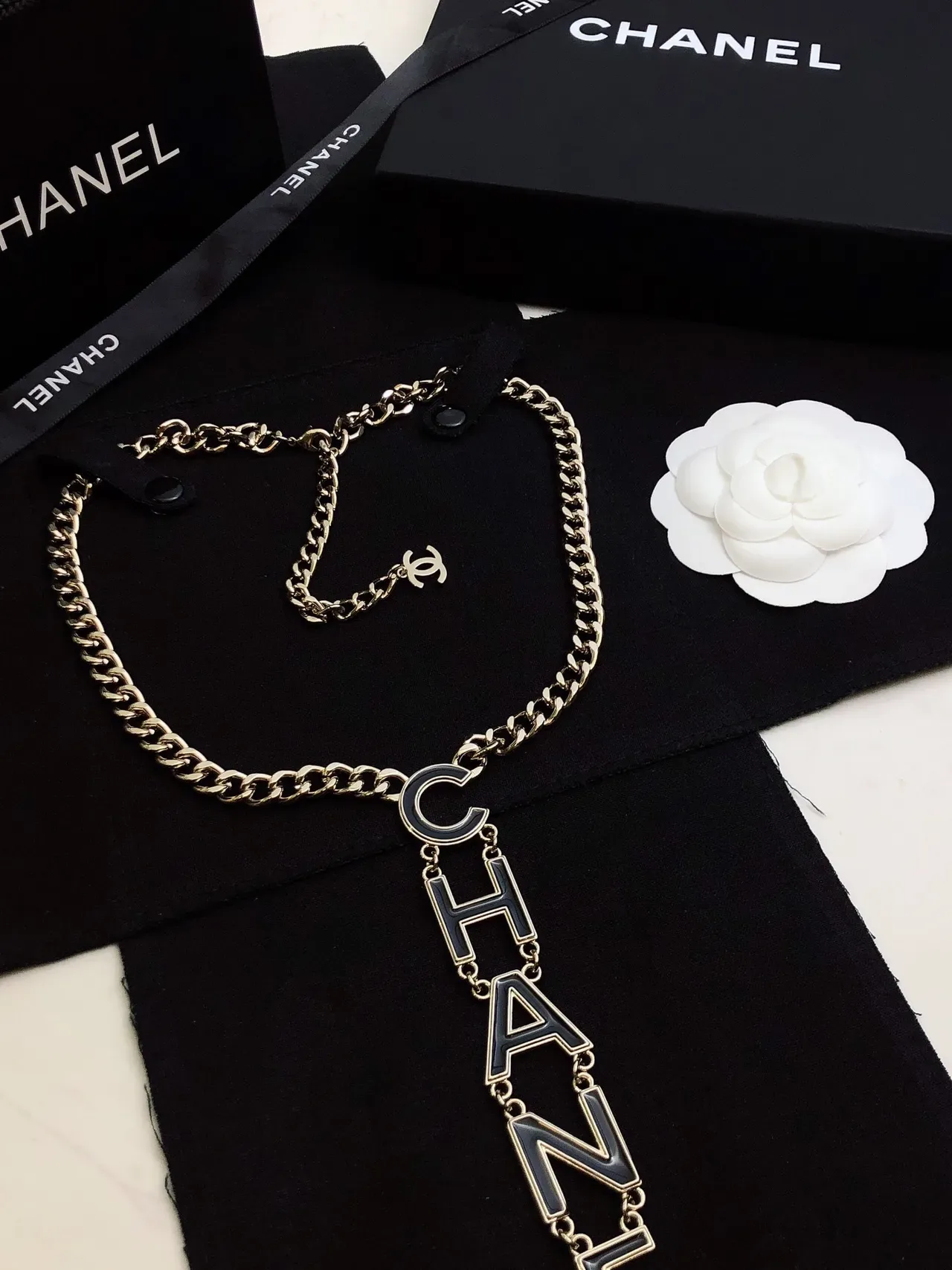 Chanel Logo Pendant Necklace Silver Black Chunky Curb Chain Vertical Necklace 7