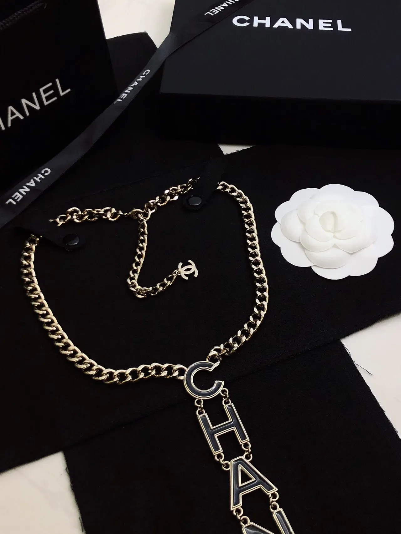 Chanel Logo Pendant Necklace Silver Black Chunky Curb Chain Vertical Necklace 8