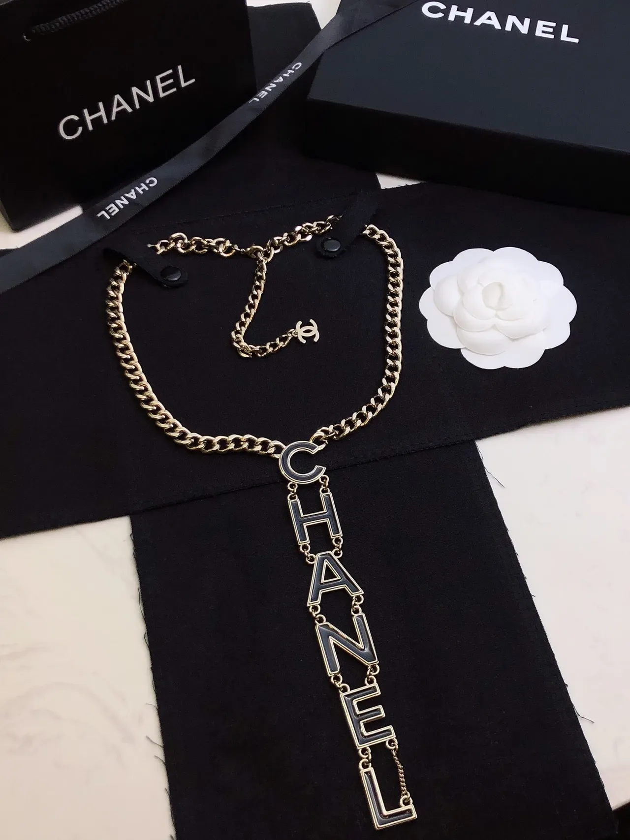 Chanel Logo Pendant Necklace Silver Black Chunky Curb Chain Vertical Necklace 9